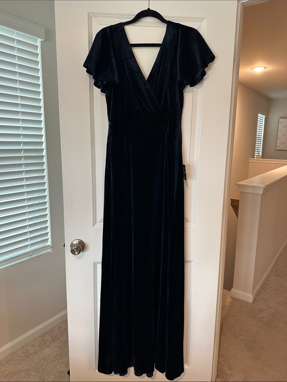 Lulu's Navy Velvet Wrap Maxi Dress with Flutter Sleeves